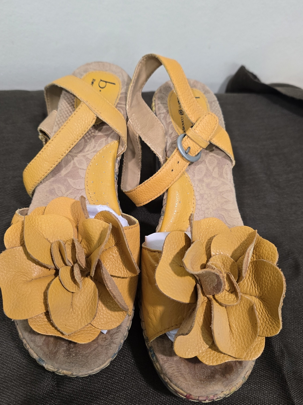 b.o.c. Yellow Floral Leather Wedge Sandals